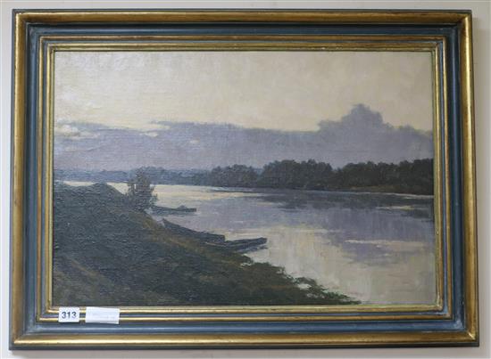 Maxim Jourov oil on canvas, Evening Light on the River, inscribed verso 40 x 59cm.